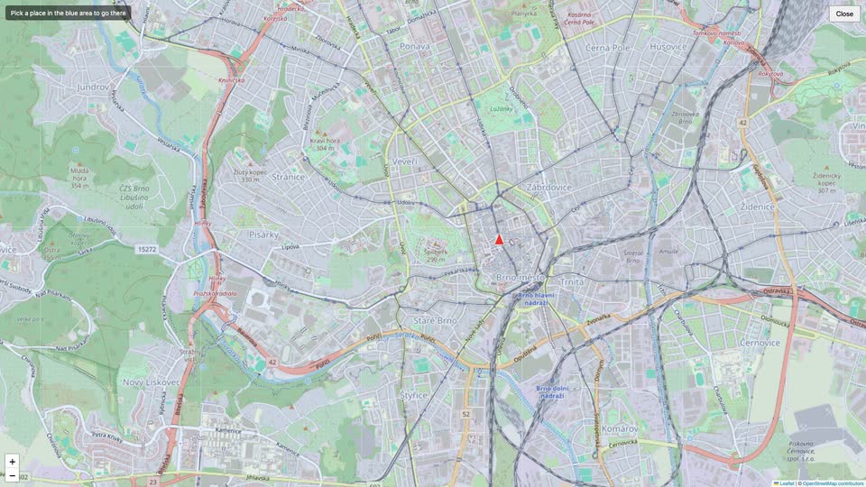 The world map over Brno with the player's arrow